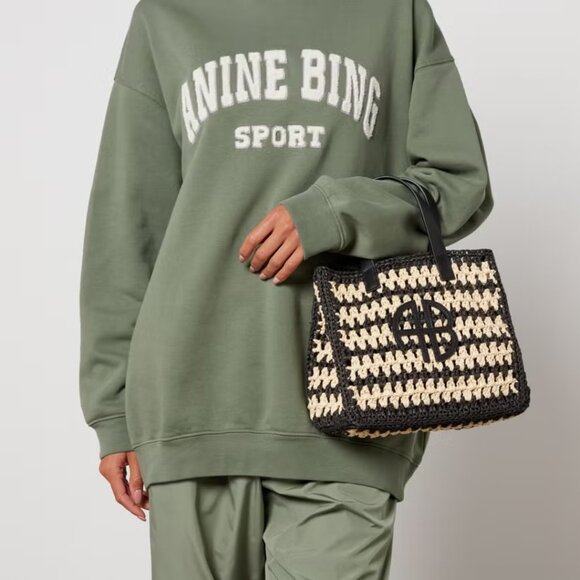 NWT Anine Bing Rio Logo Small Tote Bag Woven Seagrass Raffia Striped Pattern - Picture 2 of 9